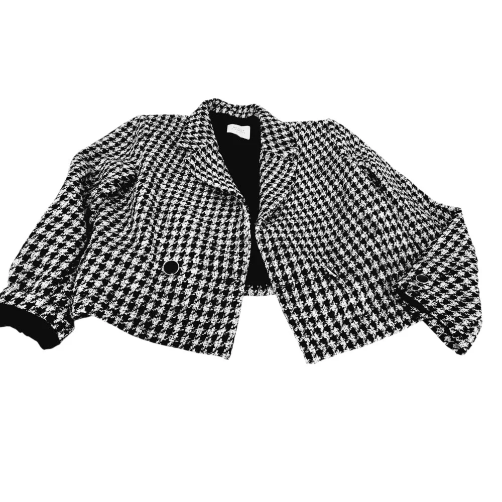Vintage Blazer Suit Jacket Womens 12 Black White Houndstooth Cropped Tweed Paris - Picture 7 of 16